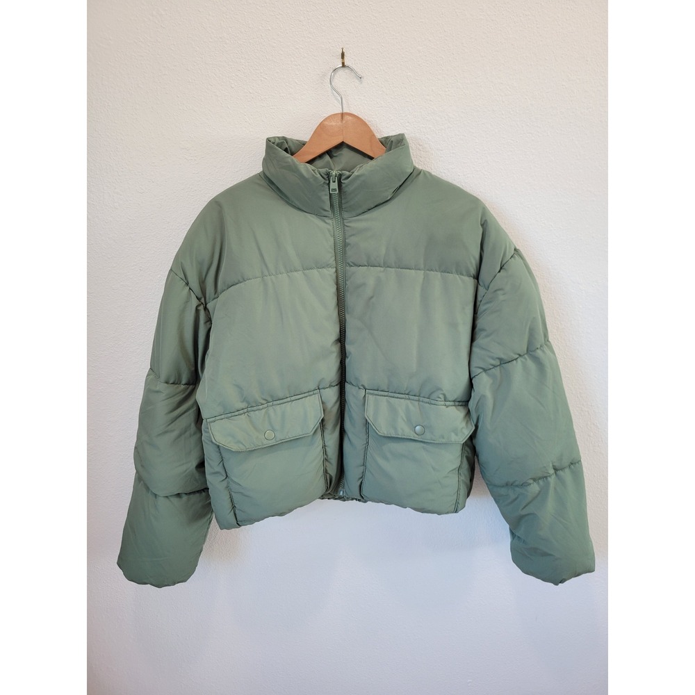 Love Tree Cropped Puffer Jacket Sage Green Quilted Zip Front Womens Large - Picture 2 of 8